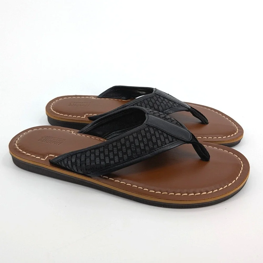 NWOT Johnston & Murphy Woven Leather Flip Flop Sandals Black Tan Mens 11M - Picture 3 of 5